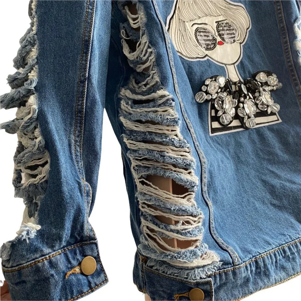 Denimland Paris Collection Jean Jacket Women M Destroyed Rhinestones Embroidered - Picture 5 of 13